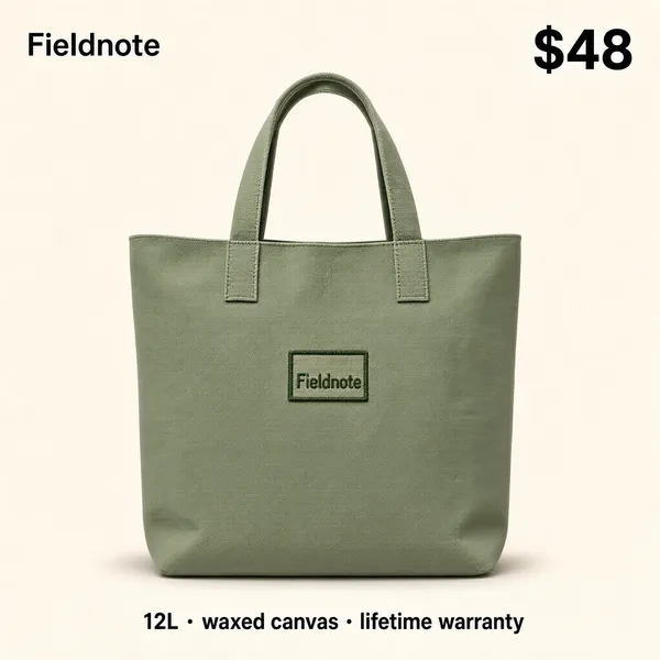 A straight-on, flat e-commerce product thumbnail of a sturdy canvas tote bag in a soft sage-green color, centered on a clean light neutral background with a soft, even shadow beneath it and a minimal embroidered patch detail on the front. Around/over the image, small clean product info: a brand name "Fieldnote" at the top corner, a price "$48" in bold, and a small spec line "12L · waxed canvas · lifetime warranty" beneath the bag. Cozy, tactile, marketplace product-photo style, crisp detail, no tilt, no 3D perspective.