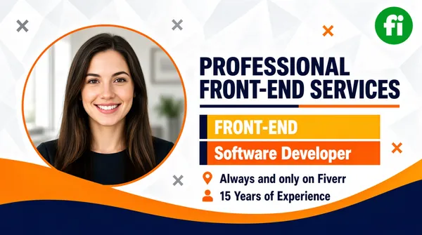 [Format]
Professional Fiverr gig cover, landscape 16:9 banner. Clean corporate portfolio style on a light geometric ground with orange and navy accents. No watermark, no personal names.

[Layout]
A pale grey-white background built from subtle low-poly triangular facets, with small grey and orange X-shaped cross accents scattered sparsely. A sweeping double wave — a bright orange band over a deep navy swell — curves across the lower third of the frame. A circular portrait sits on the left; all typography occupies the centre and right.

[Subject]
Left side, inside a large circle outlined in orange: a young white / Caucasian woman with long straight dark hair and a warm open smile, photographed head-and-shoulders in colour against a softly blurred interior. Natural light, sharp focus, looking directly at the camera. No text or watermark on the subject.

[Headline]
Centre-right: "PROFESSIONAL" and "FRONT-END SERVICES" on two lines in very heavy dark-navy caps, followed by a short horizontal rule that is half navy and half orange. Below, two stacked orange plates with a dark-navy left edge: "FRONT-END" in bold white caps on the upper yellow-orange bar, and "Software Developer" in white on the lower orange bar. Beneath, two small rows with orange icons and dark-navy text: a location pin for "Always and only on Fiverr" and a person icon for "15 Years of Experience".

[Badges]
Top-right corner: a green circular badge with the white "fi" Fiverr mark.

[Graphic accents]
The orange-over-navy wave sweeping the bottom, plus a few faint grey and orange cross glyphs floating in the background.

[Mood]
Professional, tidy and approachable; light low-poly neutrality with confident navy type, orange energy in the wave and plates, and a friendly circular portrait.