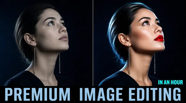 [Format]
Landscape 16:9 gig cover, dramatic beauty before-and-after diptych with a bold typographic base band. High-end retouch finish. No watermark, no personal names.

[Layout]
Two vertical photo panels divide the frame at the centre; both are portraits of the same woman in profile looking upward against a deep navy-black backdrop. Left panel: the 'before' version, slightly muted skin, softer lip colour. Right panel: the 'after' version — richer contrast, vivid red lips, crisper hair highlights. A slim black band runs across the full width of the bottom edge, carrying one giant headline line that sits over both panels' lower edges. A short secondary caption sits just above the band on the right half. The photos fill all remaining space edge to edge.

[Subject]
A young woman in near-profile, chin lifted, looking up and to the right, dark hair swept back, wearing a dark top and long chain earrings. Chest-up framing in both halves, moody low-key side lighting with a cool rim; the right half has punchier colour and sharper detail.

[Headline]
Bottom band: "PREMIUM IMAGE EDITING" in one line of very large, wide-tracked condensed sans capitals in pale steel blue, spanning the full frame width. Above the band's right end, a small caption "IN AN HOUR" in bold cyan sans capitals.

[Badges]
none.

[Mood]
Deep navy and charcoal with a pale ice-blue headline and one hot red-lip accent; sleek and nocturnal. At thumbnail size the giant bottom line and the doubled upward gaze carry the layout.