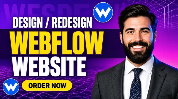 [Format]
Professional Fiverr gig cover, landscape 16:9 banner. Modern no-code studio advertising style on a violet ground, cut by a deep-purple diagonal band. Polished and confident. No watermark, no personal names.

[Layout]
A violet-to-magenta gradient background overlaid with a fine glowing purple mesh-line pattern, lifted by a broad deep-purple horizontal band that runs behind the middle headline. The left half carries the typography stack; the subject fills the right half and bleeds off the bottom-right corner. Blue Webflow logo tiles and a faint mesh grid sit in the corners.

[Subject]
Right half, cropped at the chest: a white / Caucasian man with thick dark hair, a full well-groomed beard and moustache, a broad open smile showing his teeth, wearing a charcoal-grey suit jacket over a white shirt with a navy patterned tie. Clean studio light, sharp focus, looking straight at the camera.

[Headline]
Stacked on the left, left-aligned: "DESIGN / REDESIGN" in bold white caps; then "WEBFLOW" in enormous heavy yellow condensed caps with a subtle outline, sitting on the deep-purple diagonal band; then "WEBSITE" in very heavy white condensed caps; and beneath, a solid yellow rounded pill with "ORDER NOW" in heavy black caps.

[Badges]
Two round blue Webflow logo tiles - one floating at the top centre-right and one at the bottom-left corner beside the order pill.

[Graphic accents]
A glowing violet mesh-line grid crossing the lower left and upper right, thin white wireframe lines echoing the Webflow mark, and faint oversized letterforms ghosted into the ground.

[Mood]
Contemporary, technical and friendly; one confident violet with a purple diagonal, bold yellow condensed type and a polished human presence.