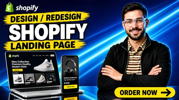 [Format]
Professional Fiverr gig cover, landscape 16:9 banner. Bold high-contrast e-commerce advertising style on a blue gradient with yellow brushstroke accents. No watermark, no personal names.

[Layout]
A deep blue gradient background with sweeping diagonal lighter-blue rays crossing from the upper right to the lower left. The left half carries the headline stack and mockups; the right half holds a cut-out portrait. A reflective dark surface runs along the bottom edge.

[Subject]
On the right: a confident young white / Caucasian man with short dark hair, a neat trimmed beard and clear-framed glasses, wearing a black zip-up jacket over a brown-and-cream striped collared shirt, arms crossed on the reflective surface, smiling at the camera. Clean studio light with a blue rim. No text or watermark on the subject.

[Headline]
Upper left: the green Shopify shopping-bag mark with the word "shopify" in white lowercase beside it. Below, a rough yellow brushstroke banner with "DESIGN / REDESIGN" in heavy black caps; then "SHOPIFY" in enormous heavy white sans-serif caps with a dark outline; then another rough yellow brushstroke banner with "LANDING PAGE" in heavy black caps.

[Devices]
Lower left: a silver laptop mockup showing a Shopify storefront hero with the headline "New Collection" in white, subtext "Premium Quality. Modern Style.", a yellow "Shop Now →" button, a large product photo of a white-and-black sneaker, and a "Best Sellers" row with shoe and watch thumbnails. In front of it, a smartphone mockup shows a product page for "Wireless Headphones" with an image of black headphones, "High Quality Sound" subtext, "$79.00" price and a yellow "Add to Cart" button.

[Graphic accents]
A wide yellow rounded pill button at the bottom-right with black caps "ORDER NOW" and a thick black right arrow.

[Mood]
Sharp, conversion-focused and energetic; blue gradient with yellow brushstroke banners, polished device mockups and a confident developer portrait.