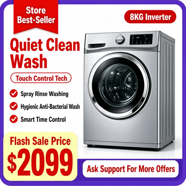 [Format]
Professional e-commerce product main image, square 1:1, bright appliance-retail flyer style with a white studio stage, urgent red price signals and a purple frame.

[Colors]
White studio background inside a rounded purple frame border (#7b5bd6); a silver-grey washer; vivid red ribbon, pills and price type (#e02b2b); a pale yellow price plate at bottom-left.

[Layout]
A red ribbon banner hangs top-left carrying the store line; a red pill sits top-right; the washer fills the centre-right; a checklist runs down the left; the bottom band carries the flash-sale price and a service note.

[Subject]
Centre-right: a silver front-loading washing machine with a round chrome-ringed door, a slim digital display and a curved top control edge, rendered clean on white. No people.

[Headline]
Top-left red ribbon: "Store Best-Seller" in white caps; beneath it red text "Quiet Clean Wash" and a red outlined pill "Touch Control Tech"; a left checklist with red checks: "Spray Rinse Washing", "Hygienic Anti-Bacterial Wash", "Smart Time Control"; top-right red pill "8KG Inverter"; bottom: "Flash Sale Price $2099" with "$2099" huge in red; bottom-right line "Ask Support For More Offers".

[Mood]
Bright, promo-heavy appliance retail; white and silver with urgent red price signals framed in purple.