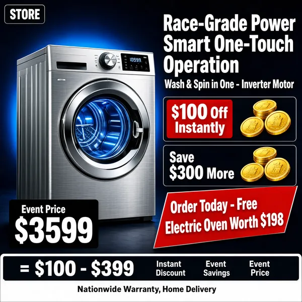 [Format]
Professional e-commerce product main image, square 1:1, premium home-appliance advertising style on a deep navy stage with glowing product light and stacked promo cards.

[Colors]
Dark navy-to-charcoal gradient background #1b2430 with a soft spotlight glow behind the machine; the silver washer reads brushed #b8bec6 with a glowing blue drum; accents of red #e03427, golden yellow coins and white type. No frame border.

[Layout]
The washer fills the left half in dramatic angled lighting; the right half stacks the headline, two offer rows with coin icons, a red promo burst and a dark calculation strip; a black price block anchors the bottom-left; a white-edged bar runs along the bottom.

[Subject]
A large front-loading washing machine in brushed silver with a chrome porthole door, transparent window revealing a blue-lit drum, digital control panel and dial on top, presented at a slight angle with studio reflections. No people.

[Headline]
Top-right, two lines of heavy white type: "Race-Grade Power" and "Smart One-Touch Operation", with a smaller line "Wash & Spin in One - Inverter Motor". Two offer rows: a red square tagged "$100 Off Instantly" with gold coins, and another tagged "Save $300 More". A red angled burst reads "Order Today - Free Electric Oven Worth $198". Bottom-left dark block: "Event Price" above a giant white "$3599". Bottom strip shows the sum "= $100 - $300 - $3999" with tiny labels "Instant Discount", "Event Savings", "Event Price", plus "Nationwide Warranty, Home Delivery".

[Badges]
Top-left, a small dark store-badge with white brand text placeholder.

[Mood]
Powerful, deal-heavy and premium; deep navy stage lighting with red-hot promo energy.