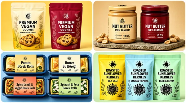 [Format]
Landscape 16:9 gig cover, clean product mockup montage with rounded corners on each quadrant and soft studio lighting. Friendly food-brand finish. No watermark, no personal names.

[Layout]
The frame is divided into a 2x2 grid with rounded-corner panels and a narrow white gutter. Top-left: two cookie pouches. Top-right: two nut-butter jars. Bottom-left: four pre-packaged food trays. Bottom-right: three chip-style bags. Each quadrant has its own color-matched background.

[Subject]
Top-left: two cream-to-gradient stand-up pouches with botanical line art and cookie photos, one in warm yellow, one in berry red. Top-right: a light tan nut-butter jar with bold foreign-language caps and a deep red berry jar with foreign-language caps, both on a stone slab with peanuts. Bottom-left: four rectangular food trays with blue rims, each with a colored paper sleeve and a photo of rolled pastries. Bottom-right: three seed bags in yellow, light blue, and mint green with a sun logo and black seed graphics.

[Headline]
Each quadrant uses its own packaging text. Cookie pouches: a bold serif brand wordmark and "PREMIUM VEGAN COOKIES". Nut-butter jars: a small brand wordmark on the lid, a large foreign-language product name, and a percentage nutrition line. Food trays: a brand wordmark and product names like "Potato Börek Rolls", "Butter Su Böreği", "Spicy Lentil & Veggie Börek Rolls", "Spinach & Feta Börek Rolls". Seed bags: a brand wordmark with sun icon and "ROASTED SUNFLOWER KERNELS" plus flavor names.

[Badges]
none

[Mood]
Warm and varied food palette: golden yellow, berry red, peanut tan, deep red, blue tray rims, and fresh yellow/blue/mint. The 2x2 grid communicates breadth of packaging work at thumbnail size.