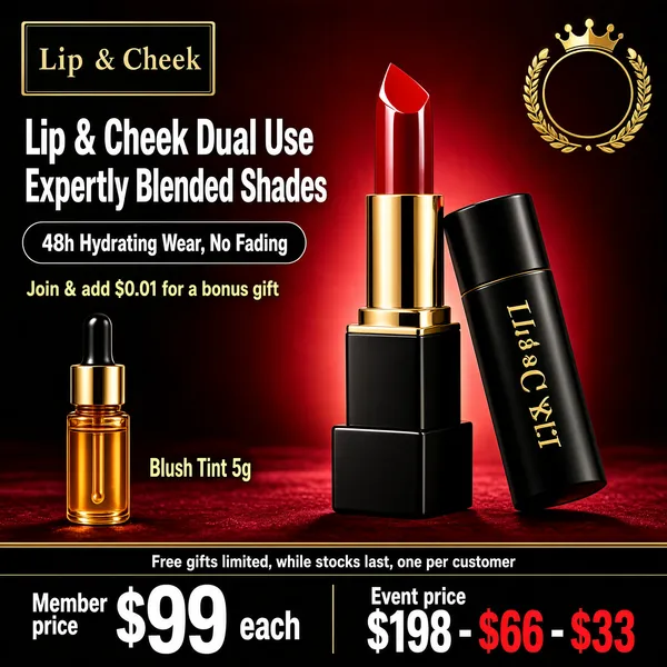 [Format]
Professional e-commerce product main image, square 1:1, luxury lipsticks campaign style on a deep crimson stage with velvet-dark gradients.

[Colors]
Background is a rich crimson-to-black gradient in the #8c1220 range, glowing warmest behind the product. Accents are glossy lacquer red on the bullet, matte black and gold on the tube, cream white on the headline, and a gold crown-ringed badge at the top right. A black offer band closes the bottom. No frame border.

[Layout]
A white logo chip sits top left. The gold badge floats top right. The headline block occupies the upper left in two lines, followed by a black pill, a gold event line, and a small amber oil-dropper vial lower left. The open lipstick and its capped twin stand right of centre, the capped tube leaning beside the open one.

[Subject]
A classic bullet lipstick opened to reveal a sharply cut lacquer-red bullet in a polished gold band on a matte black square-base tube, standing upright beside its closed black tube printed with a gold serif wordmark; a small amber glass lip-oil vial with a dropper sits lower left. No people.

[Headline]
Upper left in cream: "Lip & Cheek Dual Use" over "Expertly Blended Shades" in very heavy caps. Beneath, a black pill with white text "48h Hydrating Wear, No Fading". A small gold line: "Join & add $0.01 for a bonus gift" with a tiny vial note "Blush Tint 5g". Bottom black band: "Member price $99 each" with the numeral oversized, then the math "Event price $198 - $66 - $33" in white and red, and a tiny top strip "Free gifts limited, while stocks last, one per customer".

[Mood]
Velvet-luxe and evening-glamorous; deep red stage glow, black-gold packaging sheen and precise member-pricing typography.