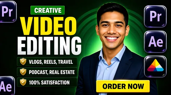 [Format]
Landscape 16:9 gig cover, bold type block on a dark green backdrop with a smiling suited cut-out on the right and floating app badges. Glossy marketplace-hero finish. No watermark, no personal names.

[Layout]
The background is a deep green-black gradient with subtle dark circular sweeps and a large soft green glow behind the subject. The left 55% stacks: a small green rectangular tag at top, a giant two-line headline below it, then a three-item checklist with small gold shield badges, each line inside a faint darker panel. The right 45% is a smiling man from the chest up, cut out, head near the top edge, body angled slightly left. A vertical column of three glossy rounded-square app badges runs down the far right edge at head height; two more of the same badges float half-cropped at the left corners (top-left and bottom-left). A yellow call-to-action rectangle sits at the bottom-right beneath the figure.

[Subject]
A young man in his late twenties, neat black hair, clean-shaven, wearing a navy suit jacket over an open light-blue dress shirt, broad warm smile with teeth, looking straight at the camera, bright even lighting with a green rim glow.

[Headline]
(1) A small green tag with white caps "CREATIVE"; (2) "VIDEO" in enormous yellow extra-bold caps; (3) "EDITING" in enormous silver-white extra-bold caps beneath; (4) checklist in bold white caps with gold shield marks: "VLOGS, REELS, TRAVEL", "PODCAST, REAL ESTATE", "100% SATISFACTION"; (5) a yellow rectangle with dark caps "ORDER NOW" at bottom-right.

[Badges]
Five glossy rounded-square pro-app badges: in the right-edge column the Adobe Premiere Pro "Pr" tile and the After Effects "Ae" tile, both dark with light two-letter marks, plus the DaVinci Resolve mark, a black tile with a multicolour three-petal swirl; and two matching "Pr"/"Ae" tiles half-cropped at the top-left and bottom-left corners.

[Mood]
Dark emerald backdrop with yellow/silver type and gold accents — polished, enthusiastic, sales-ready. At thumbnail size the yellow "VIDEO" line and the smiling suit carry the cover.