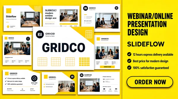 [Format]
Landscape 16:9 gig cover, split yellow grid layout. Clean corporate collage, no watermark, no personal names.

[Layout]
A solid yellow background. Left two-thirds are filled with a grid of overlapping presentation-slide mockups in white and yellow, with a large central slide. Right third holds stacked text, a platform wordmark, bullet points, and a CTA button.

[Subject]
Small photos of people in meeting rooms appear within the slide mockups, but no large human cut-out dominates the cover.

[Headline]
Right-side text reads "WEBINAR/ONLINE PRESENTATION DESIGN" in dark sans-serif caps. Below, a dark platform wordmark. Under that, three checkmarked bullets list "12 hours express delivery available", "Best price for modern design", and "100% satisfaction guaranteed". A yellow rounded pill button reads "ORDER NOW" in dark text.

[Badges]
Slide mockups contain a yellow square-grid mark and placeholder company wordmarks. The central slide shows a large placeholder company name in dark sans-serif. Small circular icons with white marks appear on some slides.

[Mood]
Bright yellow with dark text, clean and upbeat, reads as a webinar/presentation design gig at thumbnail size.
