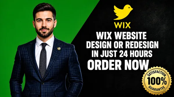 [Format]
Professional Fiverr gig cover, landscape 16:9 banner. Bold split-colour commercial advertising style with a textured dark panel and gold guarantee seal. No watermark, no personal names.

[Layout]
A hard diagonal split. The left third is a flat green panel carrying the cut-out portrait; the right two-thirds is a dark charcoal textured background carrying the Wix logo and typography. The subject breaks the diagonal edge.

[Subject]
On the left: a confident young white / Caucasian man with short dark hair and a neatly trimmed beard, wearing a dark blue checkered suit jacket, white dress shirt and a dark patterned tie with a small lapel pin, hands in pockets, waist-up, looking calmly at the camera. Clean studio light, sharp focus. No text or watermark on the subject.

[Headline]
Right side, stacked in bold white caps: the yellow Wix bird logo above "WIX WEBSITE"; then "DESIGN OR REDESIGN"; then "IN JUST 24 HOURS" in a slightly distressed bold sans-serif; then "ORDER NOW" in heavy white caps.

[Badges]
Bottom-right corner: a gold serrated guarantee seal with "SATISFACTION" at the top, "100%" in large bold black in the centre, and "GUARANTEE" at the bottom.

[Mood]
Trustworthy and urgent; bold green and charcoal split, gold seal, clear 24-hour promise and a professional human presence.