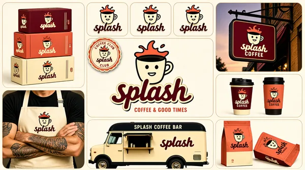[Format]
Landscape 16:9 gig cover, coffee-brand identity moodboard on a cream page. Retro illustrated character artwork mixed with printed packaging and vehicle mockups. No watermark, no personal names.

[Layout]
A mosaic of rounded tiles on a cream ground with a narrow gutter, arranged in roughly three bands. Top band: a large packaging tile on the left shows three stacked printed boxes; then a row of three small square logo tiles each showing the character mark alone, white-on-maroon, black-on-coral and maroon-on-cream; then a tall tile on the right shows a hanging storefront sign on a building corner at dusk. A small round scalloped badge sticker overlaps the gutter near the top-left of the centre. Middle band: the centre is one large cream tile holding the full lockup — a cup character wearing a splash crown above a rounded script-style wordmark, with a short caps tagline beneath; to its right a tile shows two takeaway vessels, one lidded cup and one tumbler, split coral and cream. Bottom band: a tile on the left shows a man in a cream work apron printed with the lockup, forearms crossed and cropped at the shoulders; a wide centre tile shows a cream coffee truck with a dark roof and a service hatch, the roundel badge on its door and the wordmark along its side; a right tile shows two printed coffee bags, one standing and one toppled, carrying the wordmark and a small character illustration.

[Subject]
One cropped human figure: bottom-left, a man's chest and folded tattooed forearms in a cream work apron printed with the character mark and wordmark over a dark shirt, no face in frame, lit flat and evenly.

[Headline]
The centre tile's lockup sets the splash-crowned cup character above a two-syllable rounded lowercase-style wordmark in maroon with an outlined offset shadow, and a short coral all-caps tagline beneath. Small lockups repeat across the boxes, cups, apron, truck and bags; the truck carries a small all-caps bar-name line above its side panel.

[Badges]
A round scalloped sticker badge sits near the centre-top, carrying a tiny circular legend. No ratings or platform marks.

[Mood]
Maroon, burnt coral and warm cream with near-black outlines; warm, playful, retro-diner energy. At thumbnail size the coral splash character and the stacked boxes read instantly as a packaged coffee identity.