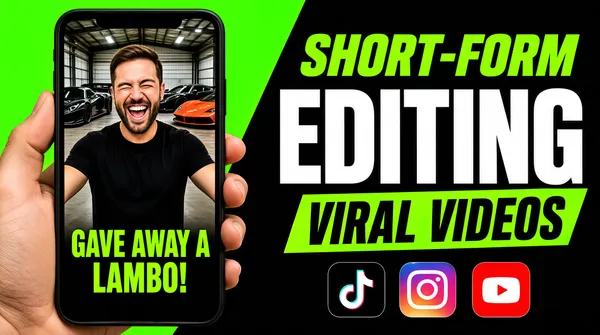 [Format]
Landscape 16:9 gig cover, thumbnail style: a photographic hand holding a phone on the left, a green-and-black split background, and bold stacked display type with platform icons on the right. Crisp commercial finish. No watermark, no personal names.

[Layout]
The background splits diagonally: the left third is vivid green, the right two-thirds near-black, meeting in a soft angled seam behind the type. A photographic hand enters from the left edge holding a large black smartphone upright; the phone screen fills with a vertical video still of a laughing man in a warehouse in front of sports cars, with a two-line green caption burned into the lower part of the screen. The right zone stacks, top to bottom: a two-word headline line in green italic caps, a much larger headline word in white caps, a green rectangular plate with dark text, and a centered row of three rounded-square platform icons near the bottom.

[Subject]
Inside the phone screen: a man in his thirties with short brown hair and a trimmed beard, black t-shirt, winking with a wide open laugh, arms spread in front of parked sports cars. The holding hand is a real photo, fingers wrapping the phone's left edge.

[Headline]
Reading order on the right: (1) "SHORT-FORM" in bright green extra-bold italic caps; (2) "EDITING" in enormous white extra-bold caps, the largest element; (3) "VIRAL VIDEOS" in dark caps on a bright green angled plate. On the phone screen: "GAVE AWAY A LAMBO!" in green caps over two lines.

[Badges]
A bottom row of three small rounded-square platform icons: the TikTok mark (a black tile with a white music-note glyph), the Instagram mark (a gradient camera-app tile) and the YouTube mark (a red tile with a white play glyph).

[Mood]
Acid green against black with white type — high-energy short-video culture. At thumbnail size the phone-with-face and the giant white word carry the cover.