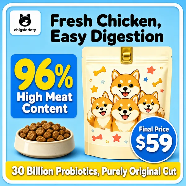 [Format] Professional e-commerce product main image, square 1:1, friendly cartoon-toned dog food promo with rounded frame.
[Colors] Soft sky-blue field #8ec4e8 inside a rounded white frame, sunny yellow #f2c838 numerals, cream packaging with coral cartoon accents and a bright blue price disc; the white rounded keyline acts as the only frame.
[Layout] A small white logo tab sits top-left; the benefit headline spans the top; a big percentage block anchors the left with a kibble bowl below; the pet-food pouch stands right; a blue price disc and a yellow claim band run along the bottom.
[Subject] A cream stand-up dog food pouch illustrated with three cheerful cartoon shiba dogs, stars and a bone motif, with a small ceramic bowl of brown kibble in front.
[Headline] Fresh Chicken, Easy Digestion in charcoal bold on two lines; the block reads 96% High Meat Content with the figure huge in yellow on blue; the disc shows Final Price $59 in white on blue; the yellow band promises 30 Billion Probiotics, Purely Original Cut in white.
[Badges] A small gold pull-tab detail tops the pouch and the white rounded frame border wraps the whole card.
[Mood] Playful, wholesome and puppy-bright.