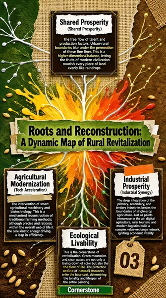 This infographic is themed "Roots and Reconstruction: A Dynamic Map of Rural Revitalization," using a collage-art style that blends burlap texture, paint splatter, and radiating lines to create a visual effect full of vitality and organic texture. The overall layout is a vertical structure, with a central explosive pattern of yellow, orange, and red paint radiating outward from the center, symbolizing the momentum and diffusion effect of rural revitalization; the background is composed of earth tones such as green, brown, and beige, supplemented by white, silver, and gold lines and dripping paint, forming a multi-layered, three-dimensional visual hierarchy. The title "Roots and Reconstruction: A Dynamic Map of Rural Revitalization" is placed on a central green banner in dark brown bold lettering, with an eye-catching font that emphasizes the theme. The infographic unfolds around four core dimensions, each presented in its own text box, with contents as follows: 1. **Agricultural Modernization (Tech Acceleration)** - Position: lower left - Text: "The intervention of smart agricultural machinery and biotechnology. This is a mechanized reconstruction of traditional farming methods; although precise and rational, within the overall web of life it is the core kinetic energy driving a leap in efficiency." - Visual features: the text box is dark brown; the label "Agricultural Modernization" is placed on a white torn-paper-style label, with adhesive-tape decorations below, conveying a handmade collage feel. 2. **Industrial Prosperity (Industrial Synergy)** - Position: lower right - Text: "The deep integration of the primary, secondary, and tertiary industries breaks the boundaries of single-crop agriculture. Just as paints interweave in the air, digital agriculture, rural tourism, and modern logistics build a complex value-exchange network, igniting economic vitality." - Visual features: likewise uses a dark brown text box and a white torn-paper label, with an orange tape decoration above the label. 3. **Ecological Livability** - Position: bottom, right of center - Text: "This is the cornerstone of revitalization. Green mountains and clear waters are not only a laying-down of color but also the flow of life. The protection and use of natural resources are like the base coat, determining the tonality and lifespan of the entire painting." - Labels: "Ecological Livability" is placed on a white torn-paper label; to its right is a light brown burlap-bag label marked "03," and below there is also a green label noting "Cornerstone," highlighting its foundational status. 4. **Shared Prosperity** - Position: top center - Text: "The free flow of talent and production factors. Urban-rural boundaries blur under the permeation of these fine lines. This is a higher-dimensional balance, letting the fruits of modern civilization nourish every piece of land evenly like raindrops." - Visual features: located at the center of white radiating lines, with a linen texture in the background; the text sits within a dark brown frame, and the English annotation "(Shared Prosperity)" is placed below the Chinese. In addition, the whole image connects the various modules through numerous white, silver, green, and gold lines, simulating a network or neuron structure and symbolizing the linkage and permeation among the various factors. The splashing and dripping of paint enhance the sense of dynamism, while scattered grain kernels, burlap texture, and other details reinforce the theme of rurality and nature. This infographic is not a traditional data chart but a conceptual visual narrative; through artistic techniques it organically integrates the four key pillars of rural revitalization - agricultural modernization, industrial prosperity, ecological livability, and shared prosperity - expressing the dynamic process of their interconnection and coordinated advancement. All text is mainly in Chinese, supplemented by English terms as additional explanation, and the overall language style is both poetic and rational, aiming to convey that rural revitalization is not merely an improvement in economic indicators but a systemic, ecological social reconstruction.