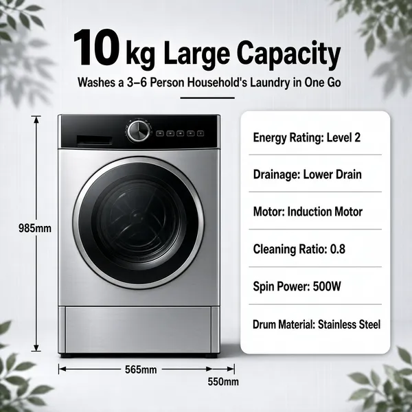 [Format]
Professional e-commerce product main image, square 1:1, clean spec-sheet appliance style with a neutral studio set and a tidy parameter panel.

[Colors]
Soft neutral backdrop of pale grey with gentle green leaf shadows in the corners; the silver washer with a black control fascia dominates; type in charcoal and white; a white rounded spec card at right with dark grey rows. No frame border.

[Layout]
The headline pair sits top-centre with a short rule below. The machine stands at the left, front-facing, with thin dimension arrows along its left side and bottom. The right third is a white rounded rectangle divided by hairlines into six spec rows. Dim leafy foliage frames the corners.

[Subject]
No people. A freestanding front-load washing machine in brushed silver with a circular smoked-glass door, a black top control panel with dial and buttons, and a small plinth drawer; crisp studio rendering, soft floor shadow, exact frontal perspective.

[Headline]
Top, in heavy dark charcoal caps: "10 kg Large Capacity", with the 10 enlarged; beneath it a smaller line "Washes a 3–6 Person Household's Laundry in One Go". The spec card lists, row by row: "Energy Rating: Level 2", "Drainage: Lower Drain", "Motor: Induction Motor", "Cleaning Ratio: 0.8", "Spin Power: 500W", "Drum Material: Stainless Steel". Dimension arrows label "985mm", "565mm" and "550mm".

[Mood]
Practical, information-dense and calm; neutral grey stage, engineering clarity, trust through numbers.