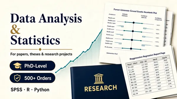 [Format]
Landscape 16:9 gig cover, refined academic report mockup style with layered paper charts and a dark document folder. Photorealistic finish, no watermark, no personal names.

[Layout]
The left side holds the headline, subhead and two pill badges stacked vertically, while the right side is filled with overlapping report pages, a forest plot, a regression table and a dark folder with a small emblem. A subtle line graph rises behind the papers, linking the two halves.

[Subject]
No human subject. The visual subject is a layered stack of research outputs: a forest plot tilted top-right, a regression table lower-right, a rising teal line chart behind them and a navy folder labeled "RESEARCH" at the bottom center.

[Headline]
Large dark navy serif text reads "Data Analysis" with a large gold ampersand and "Statistics" below it. Beneath, a thin gold horizontal rule with a diamond dot leads to a smaller sans-serif subhead "For papers, theses & research projects". Two dark navy rounded pills with gold icons read "PhD-Level" and "500+ Orders". A final line in dark sans-serif reads "SPSS · R · Python".

[Badges]
Two navy trust pills with gold icons: one with a graduation-cap icon and "PhD-Level", one with a shield-check icon and "500+ Orders". The folder carries a small gold institutional column emblem above the word "RESEARCH".

[Mood]
Navy, ivory white and muted gold palette; scholarly, premium, trustworthy. The thumbnail looks like a finished research portfolio.