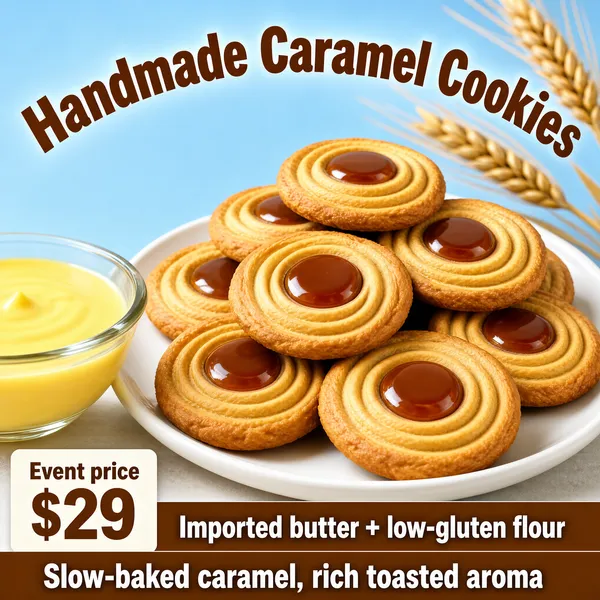 [Format]
Professional e-commerce product main image, square 1:1, appetizing bakery close-up style.

[Colors]
Soft sky-blue background with wheat stalks blurred at upper right; golden cookies on a white plate with glossy caramel centers; a glass bowl of lemon-yellow custard at left; caramel-brown type. No frame border.

[Layout]
The arced title curves across the top; the cookie pile sits center-right on a white plate; the custard bowl anchors the left edge; price and claim bars fill the bottom.

[Subject]
No people. A heap of golden butter cookies with swirled ridges and glossy amber caramel centers, stacked on a white ceramic plate; a small glass bowl of smooth yellow custard beside them, wheat ears softly blurred behind; warm, appetizing light.

[Headline]
Arched across the top in bold caramel-brown display type: "Handmade Caramel Cookies".

[Badges]
Bottom-left price card: "Event price $29"; bottom bars in white caps on brown: "Imported butter + low-gluten flour" and "Slow-baked caramel, rich toasted aroma".

[Mood]
Cozy, indulgent and homemade; golden browns against soft blue with mouthwatering bakery warmth.
