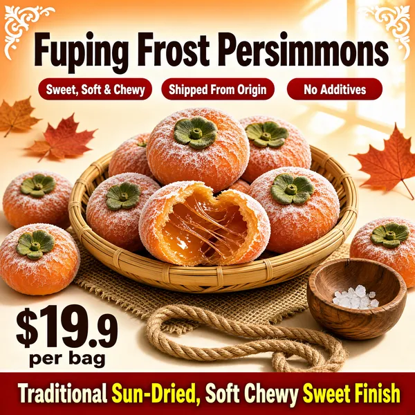 [Format]
Professional e-commerce product main image, square 1:1, autumn harvest style with frosted fruit photography and a red price banner.

[Colors]
Background is a soft warm apricot (#f4e3ce) fading to cream at the corners, with a sunlit window glow at the upper right and scattered autumn maple leaves; the persimmons are glazed tangerine orange (#e8702a) dusted with white frost; claim pills are brick red (#b23a24) with cream type; the bottom band is deep red (#c02818) with cream and dark-yellow type; headline type is dark chocolate brown. No frame border.

[Layout]
The headline spans the top on a cream area with decorative white corner flourishes; a row of three red claim pills sits directly beneath it; a round woven bamboo basket piled with frosted persimmons fills the centre on burlap; the price block sits at the lower-left above the red band; red banner copy fills the bottom edge.

[Subject]
No people. A cluster of plump flattened persimmon cakes with crinkled frosted-white sugar coating and green calyx caps, stacked in a shallow bamboo basket; the front one is torn open revealing glossy, jammy amber flesh stretching in sticky threads; loose frosted persimmons, a small wooden bowl and twisted jute rope sit around the basket in warm afternoon light.

[Headline]
Top in very heavy dark-brown display caps: "Fuping Frost Persimmons". Three red pills beneath: "Sweet, Soft & Chewy", "Shipped From Origin" and "No Additives". Lower-left: a huge dark "$19.9" with a small "per bag" suffix.

[Badges]
Bottom red band: bold cream text "Traditional Sun-Dried, Soft Chewy Sweet Finish".

[Mood]
Harvest-warm and mouthwatering; golden autumn light over sugar-frosted fruit with a decisive red offer strip.