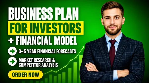 [Format]
Landscape 16:9 gig cover, bold corporate photo-composite style. Rich gradient background, sharp typographic hierarchy, high-quality finish. No watermark, no personal names.

[Layout]
A vivid green gradient background, darker at the corners, with a soft semi-transparent bar-chart and line-graph watermark floating in the lower-left middle ground behind the text. The frame divides roughly 55/45. Left column carries all the type: a three-line headline stack in the upper half, two icon-led bullet rows in the middle, and a pill-shaped button near the bottom-left corner. Right side: a waist-up photo cut-out of the subject filling the full right third, his head nearly touching the top edge and the crop running off the bottom edge; his shoulder slightly enters the headline zone. Depth comes from the blurred chart watermark sitting behind the type.

[Subject]
A young Caucasian man in his late twenties, short brown hair, neat short beard, dark navy checked suit jacket over a pale blue shirt with a dark maroon tie, arms crossed, waist-up, standing on the right facing the camera with a calm slight smile, soft even lighting.

[Headline]
Reading order on the left: "BUSINESS PLAN" in very heavy white caps spanning most of the left column; directly below, "FOR INVESTORS" in heavy green caps sitting on a bright yellow rectangular plate slightly wider than the text; below that "+ FINANCIAL MODEL" in heavy white caps. Middle: two bullet rows, each a white circle containing a green play-arrow, followed by white caps copy "3–5 YEAR FINANCIAL FORECASTS" and "MARKET RESEARCH & COMPETITOR ANALYSIS". Bottom left: a yellow pill button with dark-green bold caps reading "ORDER NOW".

[Badges]
None — the only graphic marks are the two circular play-arrow bullets.

[Mood]
Energetic kelly-green and yellow with white type; confident investor-pitch energy. At thumbnail size the yellow plate behind "FOR INVESTORS" and the yellow ORDER NOW pill pop against the green field.