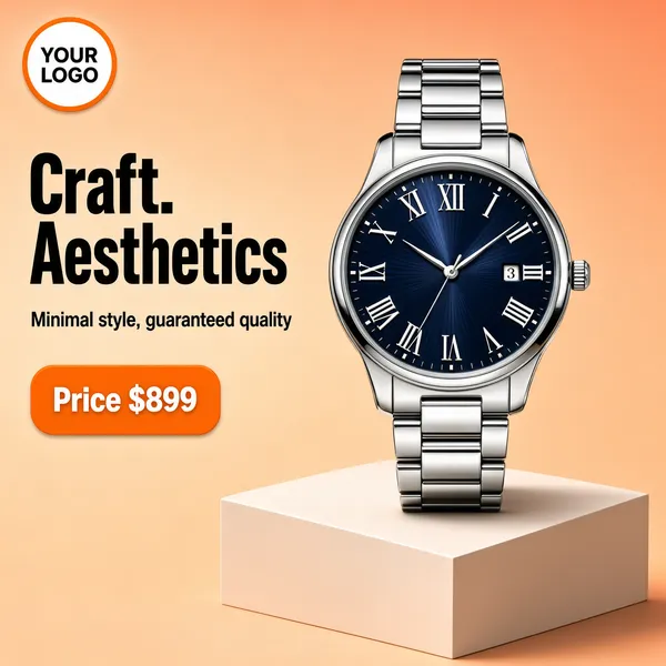 Premium Men's Watch on Peach Minimalist Pedestal