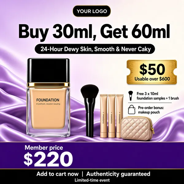 [Format]
Professional e-commerce product main image, square 1:1, dreamy lilac foundation-ad style with flowing silk waves and refined black-gold typography.

[Colors]
Background a soft lavender-to-ivory silk gradient (#d9c8ee range) with glossy purple waves, warm beige product accents, black, white and violet type; No frame border.

[Layout]
A dark logo chip with "YOUR LOGO" at top-centre; the headline across the top; a black pill beneath it; a gold coupon ticket at mid-right; the foundation bottle left of centre with gift items to its right; a purple price band and a black claim strip along the bottom.

[Subject]
No people. A squared glass foundation bottle filled with warm beige liquid, glossy black cap with a gold ring at the neck and fine lettering on the front; beside it a black blush brush, three slim beige sample tubes and a small quilted makeup pouch.

[Headline]
Large black bold characters across the top: "Buy 30ml, Get 60ml". Black pill with white text: "24-Hour Dewy Skin, Smooth & Never Caky". Gold ticket at right: "$50" big, "Usable over $600". Two gift lines with icons: "Free 3 x 10ml foundation samples + 1 brush" and "Pre-order bonus: makeup pouch".

[Badges]
Bottom purple band: "Member price" small, "$220" big white. Black strip beneath: "Add to cart now | Authenticity guaranteed" with a tiny event-time line.

[Mood]
Elegant, weightless and gifting-oriented; lilac silk luxury with tidy gold-and-black type.