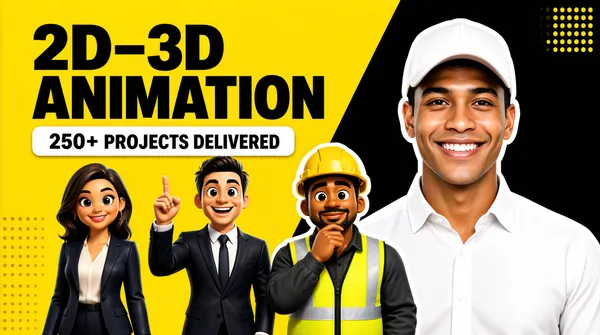 [Format]
Landscape 16:9 gig cover, bold two-tone character lineup cover. Glossy 3D-render plus photo-cutout finish. No watermark, no personal names.

[Layout]
The background is a hard diagonal split: vivid yellow fills the left two-thirds and solid black the right third, the divide slanting from top-centre to bottom-right. Yellow dot-grid clusters decorate the black side's top corner and the yellow side's left edge. The headline block sits top-left on the yellow. Three 3D cartoon characters stand in a row across the middle-left of the yellow zone, cropped by the bottom edge: a businesswoman on the left, a suited businessman in the centre pointing a finger upward, and a construction worker in a hi-vis vest on the right with a hand to his chin. The right third is dominated by a large photo cut-out of a man layered over the black field, his white shirt filling the lower corner and his head reaching the top edge, partially behind the worker character.

[Subject]
Right side: a smiling young man in a white baseball cap and a white button shirt, chest-up, brightly front-lit, cut out with a thin white edge over the black panel.

[Headline]
Top-left: "2D–3D ANIMATION" in very large black extra-bold caps on the yellow; directly beneath, a white rounded-rectangle plate holding "250+ PROJECTS DELIVERED" in smaller black caps.

[Badges]
None beyond the white headline plate; the dot grids act as decoration.

[Mood]
Saturated yellow, black and white; playful, high-energy, creator-brand feel; the yellow/black split and the white cut-out pop hard at thumbnail size.