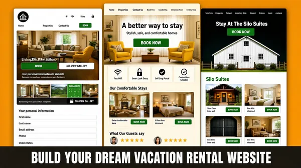 [Format]
Professional Fiverr gig cover, landscape 16:9 banner. Bright portfolio-showcase style with three overlapping website screenshots and a heavy banner strip. No watermark, no personal names.

[Layout]
A flat warm amber-orange full-bleed background. The upper four-fifths are filled with three overlapping vertical website screenshot cards of slightly different heights, tilted none and edge-to-edge, running off the top and sides. Across the very bottom runs a solid dark charcoal-brown band carrying the main headline in one line.

[Subject]
No people. The cover is a pure portfolio composition of vacation-rental website screenshots.

[Devices]
Three tall screenshot cards. The LEFT card shows a warm white rental site with a dark circular cabin logo at the top left, a navigation bar reading "Home", "Properties", "Contact Us", a living-room hero photograph with a green "BOOK" button and a dark "360 VIEW GALLERY" button beside it, followed by a long white listing page with a small photo gallery, an availability calendar with green date blocks, a "Your personal information" booking form with fields for First name, Last name, Email address, Phone, and a "Check Rates" button. The CENTRE card shows a soft cream rental site headed "A better way to stay" over a yellow-armchair interior photo, a green "BOOK NOW" button, the sub-line "Stylish, safe, and comfortable homes", a row of four small amenity features labelled "Fast Wifi", "Smart Lock Entry", "Self Stay Portal" and "Contactless Checkin", a section "Our Comfortable Stays" with two interior cards, and a "What Our Guests say" review strip with star ratings and avatars. The RIGHT card shows a dark rental site with a white barn-building photograph under the headline "Stay At The Silo Suites" and a green "BOOK NOW" button, then a white section headed "Silo Suites" in green with a two-by-two grid of property photographs — a timber-framed cabin entrance, a bright bedroom, a black stable door and a sitting room — each with a small "BOOK" button.

[Headline]
Bottom band, one line centred: "BUILD YOUR DREAM VACATION RENTAL WEBSITE" in very heavy white condensed caps.

[Mood]
Warm, professional and product-forward; amber-orange ground with crisp white site cards, dense believable rental pages above one confident display line.