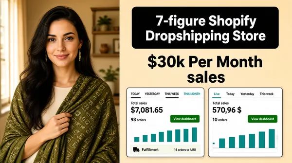 [Format]
Professional Fiverr gig cover, landscape 16:9 banner. Warm proof-driven split layout combining a portrait photograph with revenue dashboards. No watermark, no personal names.

[Layout]
Two-panel split. The LEFT panel (about 40% width, full height) is a full-bleed colour photograph in a warm interior. The RIGHT panel (about 60%) is a flat beige-tan field carrying a black title panel, a revenue claim and two dashboard cards side by side.

[Subject]
In the left panel: a young white / Caucasian woman with very long dark wavy hair, wearing an olive-green patterned shawl over a cream top and thin dangling earrings, one hand holding the shawl edge at her chest, gentle closed-lip smile, looking at the camera. Soft warm natural light. No text or watermark on the subject.

[Headline]
Top of the right panel: a black rounded panel with "7-figure Shopify Dropshipping Store" in cream type over two lines. Beneath, centred in bold dark text: "$30k Per Month" and "sales" on the next line.

[Devices]
Below the claim, two white analytics dashboard cards with thin dark frames, side by side: the first with tabs "TODAY YESTERDAY THIS WEEK THIS MONTH" (THIS MONTH active in teal), "Total sales $7,081.65", "93 orders", a green "View dashboard" button, a teal bar chart and a footer strip "16 orders to fulfill"; the second with a "Live" tab, "Today" active tab, "Yesterday" and "This week" tabs, "Total sales 570,96 $", "10 orders", a green "View dashboard" button and a teal bar chart with a faint date axis.

[Mood]
Quietly confident and results-led; warm beige and olive tones, editorial split composition, hard sales numbers front and centre.