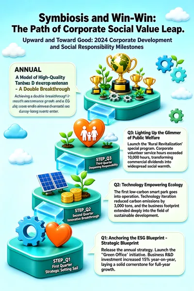 This infographic has the subtitle "Upward and Toward Good: 2024 Corporate Development and Social Responsibility Milestones" and the main title "Symbiosis and Win-Win: The Path of Corporate Social Value Leap." It uses a fresh, bright blue-green palette, creating a visual atmosphere of sustainable development and growth. The layout is a stepped structure, symbolizing the company's gradual progression and value leap from the first quarter to the fourth quarter (the annual level). At the center is a set of three 3D platforms connected by transparent blue steps, representing Q1, Q2, and Q3 respectively, with the top platform representing the annual summary (ANNUAL), forming a clear path from the bottom to the top. Each platform is equipped with a theme icon and a descriptive text box, presenting key information in the form of speech bubbles, and is labelled with the corresponding quarter and stage name: - **STEP_Q1: First Quarter (Strategic Setting Sail)** The platform is at the lowest level and features a gear and a heart icon, symbolizing launch and original aspiration. The text box on the right is titled "Q1: Anchoring the ESG Blueprint - Strategic Blueprint," with the content: "Release the annual strategy. Launch the 'Green Office' initiative. Business R&D investment increased 15% year-on-year, laying a solid cornerstone for full-year growth." - **STEP_Q2: Second Quarter (Innovative Breakthrough)** The platform is at the middle level and features solar panels, coins, and plant seedlings, highlighting technological innovation and ecological protection. The text box on the right is titled "Q2: Technology Empowering Ecology," with the content: "The first low-carbon smart park goes into operation. Technology iteration reduced carbon emissions by 3,000 tons, and the business footprint extended deeply into the field of sustainable development." - **STEP_Q3: Third Quarter (Deepening Responsibility)** The platform is at the upper level and features an orange heart (containing a family silhouette), plant seedlings, and clouds, emphasizing social responsibility and humanistic care. The text box on the right is titled "Q3: Lighting Up the Glimmer of Public Welfare," with the content: "Launch the 'Rural Revitalization' special program. Corporate volunteer service hours exceeded 10,000 hours, transforming commercial dividends into widespread social warmth." - **ANNUAL: A Model of High-Quality Development - A Double Breakthrough** Located on the top platform and decorated with a golden globe trophy, multiple trophies, green plants, and gears, symbolizing outstanding achievements. The text box on the left reads: "Named a 'Benchmark of the Year for Social Responsibility.' Achieving a double breakthrough in both performance growth and ESG score, steadily advancing toward a century-long enterprise." The overall design style is 3D cartoon-like, modern, and approachable. Visual elements include glowing steps, floating clouds, small gears, solar panels, coins, plant seedlings, and hearts, reinforcing the core themes of environmental protection, technology, humanity, and growth.