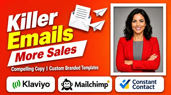 [Format]
Landscape 16:9 gig cover, bold sales graphic with high-saturation red-orange background. Flat illustration and photo cut-out combined, no watermark, no personal names.

[Layout]
The left two-thirds contain the headline, a tilted sub-banner, a small descriptor line, and an envelope-and-paper-airplane illustration cluster in the upper center. The right third shows a woman inside a white rectangular frame with a grey background. A row of three brand badges runs across the bottom edge, each inside a white rounded rectangle.

[Subject]
A generic woman with shoulder-length dark wavy hair, wearing a bright red blazer over a grey top. Waist-up, arms crossed, smiling at the camera, positioned inside a white rectangular frame on the right. Even, bright lighting.

[Headline]
Upper-left: "Killer" in large bold white italic sans-serif, followed by "Emails" in even larger bold yellow sans-serif directly below. Below that, a white parallelogram banner tilted upward reads "More Sales" in bold red italic sans-serif. Under the banner, a small white sans-serif line reads "Compelling Copy || Custom Branded Templates". An open envelope with a document and two paper airplanes floats above and to the right of the headline.

[Badges]
Bottom row, three white rounded rectangles: the Klaviyo wordmark with its green signal icon, the Mailchimp monkey mascot with its wordmark, and the Constant Contact wordmark with its blue and yellow checkmark icon.

[Mood]
Vivid red-orange background with white, yellow, and red accents. Aggressively energetic and conversion-focused; the framed portrait and bold type read quickly as a thumbnail.