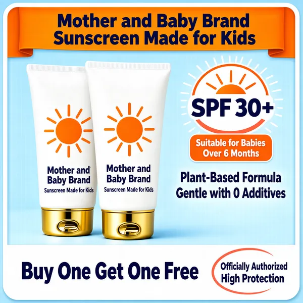 [Format] Professional e-commerce product main image, square 1:1, gentle baby-care style. [Colors] A soft ice-blue background (#dbeef8) inside a white rounded frame, white tubes with golden caps and orange sun logos, an orange header banner (#f08a1d), navy bold type and a coral accent ring. [Layout] Two sunscreen tubes stand upright on the left; an orange ribbon banner caps the top; the right side stacks an SPF emblem, a small eligibility tag and two lines of navy text; a white footer band spans the base. [Subject] Two white squeeze tubes of children's sunscreen with bright gold caps and sun-marked labels, one tube slightly behind the other, on a clean pastel backdrop. [Headline] The top banner reads Mother and Baby Brand, Sunscreen Made for Kids; the right side shows SPF 30+ beside a radiating sun icon with Suitable for Babies Over 6 Months in a small orange tag; bold navy text states Plant-Based Formula, Gentle with 0 Additives; the footer declares Buy One Get One Free plus Officially Authorized, High Protection. [Mood] Pure, caring and sun-safe with a soft trustworthy nursery feel.