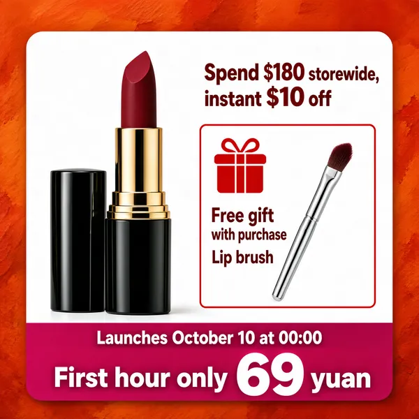 [Format]
Professional e-commerce product main image, square 1:1, classic lipstick advertising style with a white product card on a painterly warm backdrop.

[Colors]
A textured orange-red painterly background (#d4502a range) surrounding a large white rounded card; the black-and-gold lipstick pops inside the card; dark red type, a red gift border and a magenta bottom band. No frame border.

[Layout]
The white rounded card fills most of the frame. Inside it, an open lipstick stands centre-left with its black cap beside it. The upper right holds a dark-red headline line, a red-outlined gift box with a gift icon and text, and a photo of a lip brush inside the box. The bottom band is magenta with a white launch line and a huge white price line.

[Subject]
A classic bullet lipstick in a glossy black case with a gold band and collar, the bullet a rich matte berry-red with a sharp angled tip; its black cap standing upright beside it; a slim lip brush with a silver handle shown inside the outlined gift panel; clean even product light.

[Headline]
Dark red line upper right: "Spend $180 storewide, instant $10 off" with "180" and "10" emphasized. Red-outlined box: a red gift icon with "Free gift with purchase" and "Lip brush" beneath. Magenta band: "Launches October 10 at 00:00" in small white text over "First hour only 69 yuan" with "69" in enormous white numerals.

[Badges]
No badges; the gift box outline serves as the offer chip.

[Mood]
Polished, classic and deal-urgent; warm painterly orange around a clean white stage, iconic-black lipstick elegance at thumbnail size.