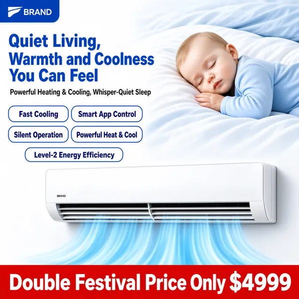 [Format]
Professional e-commerce product main image, square 1:1, bright clean home-appliance advertising style in soft blue and white.

[Colors]
Background of white bedding in pale blue tones (#bcd9f2 range) and pure white; accent blue #1e78d7 for titles and pills; a red price bar (#e03c31) at the bottom. No frame border.

[Layout]
Small brand tab in the top-left corner; the two-line headline block at the upper left with a grey sub-line; four blue-outlined feature pills in a 2x2 grid on the mid-left; a sleeping baby on the upper right; the wall-mounted air conditioner spans the lower third with cool airflow; a full-width red bar anchors the bottom edge.

[Subject]
A sleek white split-type wall air conditioner with a glossy finish, blue cooling airflow drifting beneath the louvres, photographed straight-on. Above it on the right, a peaceful white / Caucasian baby in a light-blue onesie sleeping on soft white bedding, one tiny fair-skinned hand resting near the cheek.

[Headline]
"Quiet Living, Warmth and Coolness You Can Feel" in bold blue; beneath it "Powerful Heating & Cooling, Whisper-Quiet Sleep" in dark grey; the four pills read "Fast Cooling", "Smart App Control", "Silent Operation", "Powerful Heat & Cool", with a fifth pill "Level-2 Energy Efficiency"; the bottom red bar in heavy white: "Double Festival Price Only $4999".

[Badges]
Small blue corner tab at the top with the brand mark.

[Mood]
Serene, family-friendly and trustworthy; cool blues with a warm red price anchor, extremely readable at thumbnail size.