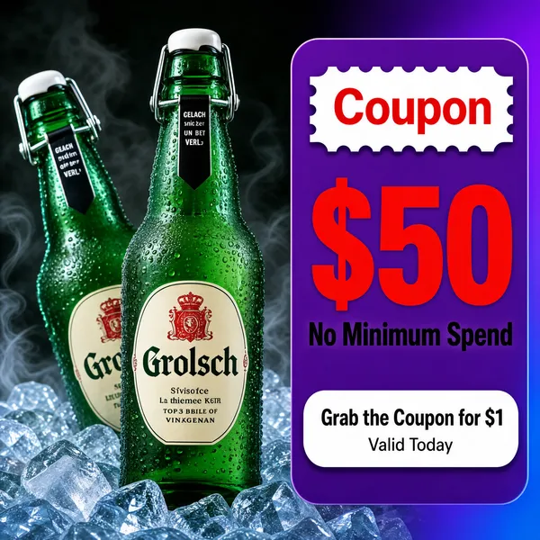 [Format]
Professional e-commerce product main image, square 1:1, frosty beverage-promo style with a violet gradient frame, smoky dark backdrop and condensation-beaded beer bottles.

[Colors]
Dark smoky charcoal background in the #2a2c30 range with drifting mist, two emerald-green glass bottles as the colour hero, purple-to-blue gradient frame border, purple coupon panel and white pill accents; No frame border beyond the gradient edge.

[Layout]
The two swing-top bottles fill the left two-thirds — one upright showing its full label, the second leaning behind it in crushed ice; the right third is a tall purple rounded panel carrying the coupon stack; small white pills and scalloped tags sit inside the panel; cold mist curls at the bottle bases.

[Subject]
Two green glass swing-top beer bottles beaded with cold condensation, white ceramic stoppers hinged down, the front bottle's cream label reading "Grolsch" with red crest details and a black neck tag, both nested in glistening crushed ice; dramatic cool key light, no people.

[Headline]
Inside the purple panel from the top: a scalloped white tag "Coupon" in red, then "$50" in huge red numerals over "No Minimum Spend" in dark caps; beneath, a white rounded pill "Grab the Coupon for $1" with a smaller line "Valid Today".

[Mood]
Ice-cold, thirst-quenching and deal-hungry; smoky chill and green glass glow wrapped in purple promo energy.