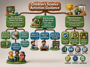 The infographic, titled **"Children's Science Activities Guidance"**, is designed in a playful, three-dimensional clay or modeling dough aesthetic, with rounded brown branches connecting various sections against a light gray background. The overall layout is hierarchical and tree-like, branching out from the main title into three primary categories: **Core Benefits of Children's Science Activities**, **Age-Appropriate Science Activity Types**, and **Best Practices for Implementing Science Activities**. Each section features colorful, textured green and blue rectangular nodes with white text, accompanied by small 3D figurines and icons that visually represent the content.

---

### **Main Title:**
- **Children's Science Activities Guidance** — displayed in raised white letters on a large, irregularly shaped brown clay plaque at the top center.

---

### **Section 1: Core Benefits of Children's Science Activities**
This branch extends to the left and includes four sub-nodes:

1. **Why Science Activities Matter for Kids**
- Text: *Support holistic growth while making learning feel like play*
- Visuals: A chalkboard with an atom symbol, a beaker with blue liquid, and small red coral-like shapes on a green base.

2. **Critical Thinking Skill Building**
- Visuals: A side-profile human head with a purple brain containing a yellow lightbulb.

3. **Long-Term STEM Interest**
- Visuals: A framed molecular structure, test tubes with colored liquids, and a blue atom icon.

4. **Social Collaboration Practice**
- Visuals: Three children sitting together on chairs, smiling and interacting.

---

### **Section 2: Age-Appropriate Science Activity Types**
This central branch contains an overarching node and three age-specific sub-nodes:

- **Activity Guide By Age Group**
- Text: *Match tasks to your child's abilities for maximum engagement*
- Visuals: A girl at a table with a microscope and beakers, a tree, and grass.

- **Ages 3–5: Sensory Play**
- Visuals: A boy holding a beaker with purple liquid; bubbles float above him.

- **Ages 6–9: Simple Experiments**
- Visuals: A boy sitting at a table with two beakers (one red, one blue) and a test tube.

- **Ages 10–12: Project-Based Learning**
- Visuals: A board with gears and a wrench, a beaker, and tools like a hammer and screwdriver.

---

### **Section 3: Best Practices for Implementing Science Activities**
This right-hand branch begins with a main node:

- **Best Practices for Success**
- Text: *Make your science activities accessible and fun for every child*
- Visuals: A golden trophy with a star, a person presenting a graph on a whiteboard, and a cookie.

Below this are three key principles:

1. **Prioritize Safety**
- Visual: A shield with a checkmark.

2. **Celebrate Process Over Results**
- Visual: A child holding a beaker with green liquid, standing in front of a rainbow.

3. **Ensure Inclusive Access**
- Visual: Three children of diverse appearances standing together.

Beneath these principles, six smaller circular icons represent additional content categories or requirements:

- **Statistics** — Bar chart icon.
- **Quotes** — Quotation marks icon.
- **Key Terms** — Document with magnifying glass icon.
- **Style Preferences** — Notepad with pencil and heart icon.
- **Layout Preferences** — Smartphone/tablet screen icon.
- **Other Requirements** — Plain document icon.

---

### **Overall Style and Design Elements:**
- The entire infographic uses a tactile, handcrafted clay aesthetic with soft shadows and rounded edges.
- All text is rendered in a clean, sans-serif font, embossed in white for contrast against the brown, green, and blue backgrounds.
- Color palette includes earthy browns, vibrant greens, blues, and pops of color (red, yellow, purple) in icons and figures.
- The connections between nodes are thick, brown, branch-like lines that mimic organic growth, reinforcing the “tree” metaphor.

This infographic serves as a comprehensive, visually engaging guide for educators and parents, emphasizing the importance of science education for children through developmentally appropriate, safe, and inclusive practices.