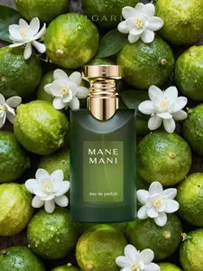 photograph of a luxurious green perfume bottle by bvlgari, labeled mane mani eau de parfum, surrounded by fresh green limes, white jasmine flowers, and lush green leaves, the bottle has a sleek, cylindrical shape with a gold metallic cap and label, the text on the bottle is white and centered, the background is densely packed with vibrant green limes and delicate white flowers, creating a fresh, natural aesthetic, the image has a realistic, high-quality photographic style, with sharp details and rich colors, emphasizing the elegance and freshness of the perfume, the bvlgari logo is in the top left corner