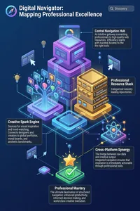 The infographic titled **"Digital Navigator: Mapping Professional Excellence"** presents a futuristic, isometric visualization of a structured digital ecosystem designed to enhance professional productivity and creative execution. The overall layout is horizontally oriented, centered around a multi-layered, 3D technological stack that represents the core system. The background is a dark blue gradient with subtle grid lines and glowing neon accents in purple, cyan, and gold, evoking a high-tech, digital interface aesthetic. Visual elements include stylized icons such as lightbulbs, gears, computer screens, cursors, and atomic models, connected by dynamic, glowing lines symbolizing data flow and integration.

At the top left, the title "Digital Navigator: Mapping Professional Excellence" is displayed in large, bold white sans-serif font, accompanied by a circular logo resembling a compass or navigation tool with a blue-to-purple gradient. To the right of the title is a search bar icon labeled "Discovery," suggesting a user-driven exploration theme.

The central structure consists of stacked blocks forming a pyramid-like foundation. At the apex sits a prominent cube with a screen displaying a circular graphic, representing the **Central Navigation Hub**. This component is described as “An intuitive gateway connecting professionals to high-quality web resources. Efficiency starts with curated Access to the right tools.” A blue line connects this hub to the description box on the upper right.

Beneath the hub are four foundational blocks, each representing a different functional module:

1. **Creative Spark Engine** (left side): Depicted as a vibrant, branching tree of colorful lightbulbs and design icons (palette, heart, etc.) emerging from a base. Its description reads: “Sources for visual inspiration and trend-watching. Connects designers and creators to global portfolios, mood boards, and aesthetic benchmarks.” This element is visually linked via glowing lines to the central stack.

2. **Professional Resource Stack** (right side): Represented by a golden block with layered squares, symbolizing repositories. It includes a numbered list of four categories:
- 1. AI & Automation
- 2. Technical Documentation
- 3. Asset Libraries
- 4. Market Intelligence
The description states: “Categorized industry-leading repositories.”

3. **Cross-Platform Synergy** (lower right): Illustrated with an atomic model icon and a glowing network of lines connecting the resource stack to the output. The text explains: “The bridge between raw data and creative output. Integrated navigation ensures that inspiration is immediately actionable through professional tools.”

4. **Professional Mastery** (bottom center): Shown as a green checkmark with a gold star above it, symbolizing achievement. The description reads: “The ultimate destination of structured navigation: enhanced productivity, informed decision-making, and world-class creative execution.”

All descriptive text boxes are semi-transparent dark gray rectangles with rounded corners, positioned around the central stack and connected via thin, glowing lines that trace the flow of information from inspiration (Creative Spark Engine) through resources and synergy to mastery. The color scheme uses distinct hues for each component: purple for Creative Spark Engine, blue for Central Navigation Hub, gold for Professional Resource Stack, yellow for Cross-Platform Synergy, and green for Professional Mastery.

Additional visual elements include floating cursors, browser windows, and abstract nodes connected by lines, reinforcing the digital and interactive nature of the system. The infographic emphasizes a seamless, integrated workflow where inspiration is translated into actionable professional outcomes through curated access and cross-platform integration.

The overall design employs isometric perspective, glowing outlines, and a modern, tech-forward style to convey innovation, efficiency, and connectivity within the professional digital landscape.