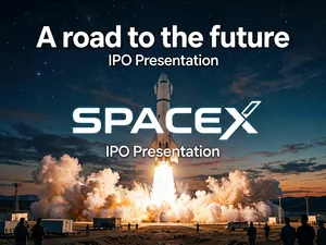 A presentation slide design.
Background: [Spacex starship launching]
Title: [A road to the future]
Key visual: [SpaceX logo]
subtitle: [IPO Presentation]. cinematic movie style
