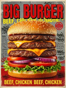 The image presents a retro American fast-food poster style, with the main subject being a giant triple-decker beef burger occupying the central position. The top layer of the burger is a golden sesame-seed bun, with three thick layers of brown beef patties in the middle. Between each layer of patties, melted orange-yellow cheese flows over the edges of the patties. Below the patties are bright red tomato slices, deep purple onion rings, and crisp green lettuce leaves, with a white bun at the very bottom. The background features a distressed gray textured surface, surrounded by text elements in multiple styles: at the top is a large red bold title reading "BIG BURGER," with yellow promotional text below such as "BEEF, CHICKEN." Small black handwritten-style text is distributed on the left and right sides, with an overall staggered layout, and some text features a graffiti effect. There is a red circular logo in the upper right corner of the poster. The color palette is strongly contrasting, dominated by red and yellow, highlighting the appetizing texture of the food and creating a retro yet vibrant fast-food advertising atmosphere.