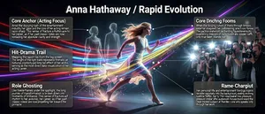 This infographic, titled "Anna Hathaway / Rapid Evolution," employs a high-contrast dark background with neon light trails to create a visually intense atmosphere of technology and speed. The overall layout is radially centered around a core subject: a woman in a flowing light-colored dress, depicted in a forward-running posture. Behind her are three translucent past-character silhouettes, symbolizing the trajectory of her acting career evolution. On the right side of the image are blurred crowds of photographers, holding flash cameras and video cameras, creating a sense of "vanity fair" pressure.

At the center of the image, dynamic light trails and particle effects form the visual path of "Rapid Evolution," extending from the lower left to the upper right, passing through four key stages: "Core," "Breakthrough Performance," "Transformation," and "Game-Changing," ultimately pointing toward "Vanity Fair." Each stage is accompanied by corresponding text boxes connected to relevant areas of the image via leader lines, forming a structured narrative logic.

The text is primarily in Chinese, supplemented with English terms in parentheses, and the typography is modern and impactful. All text boxes use semi-transparent dark gray backgrounds with white or bright-colored text to ensure readability.

Below is a detailed description of each section:

1. Title Area:
- Main title: "Anna Hathaway / Rapid Evolution"
- Font: Bold sans-serif, white, with a slight motion blur effect, emphasizing the "rapid" theme.

2. Central Image:
- Main Subject: Anna Hathaway, depicted in a side-profile running pose, with a determined gaze, long hair flowing in the wind, and the hem of her dress tearing and scattering into light trails and particles.
- Background Elements: Colored light trails (red, blue, yellow, purple) flowing diagonally to simulate high-speed motion; the crowd on the right consists of photographers, with flashes creating bright spots of light that produce visual pressure.
- Character Afterimages: Positioned behind the main figure, three translucent silhouettes in different outfits—period costume, modern attire, and a red gown—representing her classic roles.

3. Text Modules (organized by position):

a. Upper Left — "Core Anchor (Acting Focus)":
- Content: "Amid the dizzying rush of the entertainment industry, her gaze and the core of her acting remain razor-sharp. This sense of fracture adds rhythm to her career, as if her past classic roles are now lending her absolute clarity and strength."
- Leader line points to the main subject's eyes and facial contours, emphasizing the "Core" concept.

b. Middle Left — "Hit-Drama Trail":
- Content: "Mapping the rapid rise from the big screen. The length of the light trails represents the national popularity and long-tail effect of her works, serving as the most direct data visualization of her acting career."
- Leader line points to the light-trail area, explaining that trail length signifies the impact of her works.

c. Lower Left — "Role Ghosting":
- Content: "Like freeze-frames under the spotlight, the long journey of transformation is broken down into moments of brilliance. This sense of fracture adds rhythm to her career, as if her past classic roles are now propelling her toward the pinnacle."
- Leader line points to the three afterimage figures behind her, corresponding to the "Transformation" stage.

d. Upper Right — "Core Anchor (Acting Focus)" (repeated module, but in a different location):
- Content: "Amid the dizzying rush of the entertainment industry, her gaze and the core of her acting remain razor-sharp. This is the landing zone for the audience's attention, representing her unwavering focus amid outside distractions. In the midst of superficial traffic, only true talent stands out."
- Slightly different from the upper-left version, emphasizing the "landing zone for the audience's attention."

e. Middle Right — "Label Dissolve":
- Content: "When the speed of evolution breaks through limits, external stereotypes are completely shattered. The particle effect at the edges hints at the resistance encountered in breaking prejudices, enhancing the immersive sense of her 'game-changing' breakthrough."
- Leader line points to the particle breakup effect at the hem of the dress, linking to the "Game-Changing" theme.

f. Lower Right — "Radial Attention":
- Content: "Her personal life and entertainment trending topics recede rapidly into the background, creating a strong tunnel-effect of the vanity fair. This visual pressure instead pushes the audience's focus toward the clear-minded subject at the center—one who speaks only through her work."
- Leader line points to the group of photographers on the right, echoing the "Vanity Fair" label.

4. Key Concept Labels (distributed along the image path):
- "Core": Located in the upper left, connected to "Core Anchor."
- "Breakthrough Performance": Located in the middle-left, connected to "Hit-Drama Trail."
- "Transformation": Located in the lower left, connected to "Role Ghosting."
- "Game-Changing": Located in the middle right, connected to "Label Dissolve."
- "Vanity Fair": Located in the lower right, connected to "Radial Attention."

5. Data Encoding Methods:
- Light Trail Length: Metaphor for the national popularity and long-tail effect of her works.
- Particle Breakup: Symbolizing the process of shattering stereotypes.
- Translucent Afterimages: Representing the driving force of past roles on current development.
- Photographer Crowd and Flashes: Visualizing "Radial Attention" and the pressure of "Vanity Fair."

6. Overall Design Style:
- Techno-futuristic + dynamic photography style.
- Utilizes motion blur, halos, and particle effects to enhance the "rapid" feel.
- Primarily cool-toned color palette, accented with neon hues, highlighting the protagonist's radiance.

Through visual metaphors and structured text, this infographic presents a complete evolutionary path from early fame to breakthrough transformation, emphasizing the core theme of maintaining the essence of acting, breaking labels, and achieving self-transcendence amid a noisy environment.