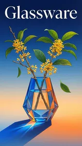 Contemporary minimalist-style digital artwork, Bauhaus, geometric flat design, refraction. The main subject is a faceted, multi-angled glass vase containing a few dried branches, with yellow osmanthus flowers and scattered green leaves on the branches. The vase refracts blue and orange light, casting a blue-to-orange gradient shadow. The flowers and leaves appear in bright yellow and green respectively, with clear, crisp lines.

The background transitions from deep blue at the top to a pale orange-yellow at the bottom, evoking a sky or twilight atmosphere. Above the vase, there is a title name Glassware in white serif typography.