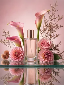 8K ultra-high definition, ins-style minimalism, with soft and translucent lighting. The main product is placed on a transparent glass surface, surrounded by pink-toned floral arrangements: pink calla lilies, pink roses, pink dahlias, and dried flower branches. The background features a soft pink gradient, with the glass surface clearly reflecting the bottle and flowers. The overall color palette is dominated by soft pink and creamy white, accented with the pink of the flowers, the brown of the dried branches, and the gold of metallic elements, creating a soft and healing color scheme. Centered symmetrical composition, with a refined and premium texture, suitable for beauty fragrance and skincare product e-commerce main images and promotional poster design.