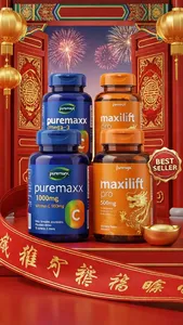 this is a digital advertisement photograph featuring four nutritional supplement bottles against a vibrant red and gold chinese new year-themed background, the bottles, arranged on a red platform, include two blue bottles labeled puremaxx omega-3 1000mg and puremaxx vitamin c 500mg, and two orange bottles labeled maxilift pro 500mg, the background showcases red traditional chinese doors with gold patterns, gold lanterns, and fireworks, a red ribbon with gold chinese characters is draped across the bottom, additional elements include a gold dragon design on one orange bottle and a small golden bowl, the overall aesthetic is festive and celebratory
A product thumbnail design.
Product: [wireless headphones]
Angle: [front view, slightly tilted]
Background: [clean white with soft shadow]
Badge: [Best Seller]