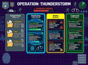 This infographic, titled "OPERATION: THUNDERSTORM," presents a highly technologized police operational command system interface. The overall design uses a deep purple grid background, paired with high-contrast neon blue, yellow, and green accents, creating a strong cyberpunk visual style. At the top center is the bold white title "OPERATION: THUNDERSTORM" with a subtle red-blue chromatic aberration effect. Below it is a red warning bar reading "WARNING ENERGY," with a triangular warning symbol on the left and a partially filled energy progress bar on the right.

Distributed across the upper left and right of the interface are several pixelated police icons: on the left are blue and gold "POLICE" badges, a police car, and a running human silhouette; on the right are another running silhouette, a pair of handcuffs, and a radar scanning frame, reinforcing the themes of law enforcement and pursuit.

The main content area is horizontally divided into four vertical modules, from left to right:

1. **Target Pool (TARGETS)**
The module has a dark gray metallic panel background, with the title "Target Pool" followed by "(TARGETS)" in smaller text. Inside are three folder icons, each representing a piece of pending intelligence:
- [Intelligence] Trajectory of a cross-provincial theft ring in Province A
- [Data] Suspect comparison for a decade-old cold case homicide in City B
- [Public Tip] Verification of a reported fugitive in District C
Each folder is accompanied by a paper document icon on the right, symbolizing case files.

2. **Deploying (DEPLOYING)**
This module features a glowing cyan-blue border with a dynamic halo effect, titled "Deploying" followed by "(DEPLOYING)" in smaller text. Inside are two task cards:
- [Tech Recon] Suspect D communication base station positioning (Lock rate 80%), with a green progress bar filled to approximately 80%.
- [SWAT] Proceed to City E's abandoned factory for ambush setup (Arrival rate 45%), with a blue progress bar filled to approximately 45%.
At the bottom of the module are decorative elements including a fingerprint scan box and a handcuff icon, enhancing the technological feel.

3. **Alerts (ALERTS)**
This module has a yellow border, titled "Alerts" followed by "(ALERTS)" in smaller text. Inside are three alert cards:
- Red-bordered [Red Alert]: [High Risk] Suspect F may be carrying lethal weapons, accompanied by two red triangular warning symbols.
- Blue-bordered [Environment]: Heavy rain in City G has closed national highways, hindering support routes.
- Red-bordered [Lost]: Target H has strong anti-surveillance awareness and has entered a monitoring blind spot, with a yellow exclamation mark and location icon on the right.

4. **Captured (CAPTURED)**
This module has a green border, titled "Captured" followed by "(CAPTURED)" in smaller text. Inside are three success case cards, each stamped with a red "APPREHENDED" seal:
- [Breakthrough] Mastermind of major telecom fraud successfully extradited
- [Apprehended] Primary suspect in a 15-year armed robbery fugitive case captured
- [Sweep] 7 core members of an organized crime syndicate eliminated

On both the left and right edges of the interface are vertical streams of binary code (e.g., "1 0 1 1 0 0 0 1...") and data waveform lines, further reinforcing the digital surveillance and real-time data stream atmosphere. In the lower left corner is a large fingerprint pattern, while the lower right features stacked hard drive or server icons, echoing themes of data security and storage.

The overall layout is clearly structured, using color coding to distinguish different statuses (e.g., red = high risk, green = success, blue = in progress), and incorporates folders, progress bars, icons, and other elements to achieve multi-dimensional information visualization. It comprehensively presents the processes of intelligence collection, tactical execution, risk warning, and outcome reporting in modern police operations.