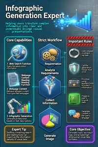 This infographic is titled "Infographic Generation Expert" and adopts a modern minimalist tech dashboard style. The overall layout is a three-column grid structure, with a background combining deep ocean blue aged paper texture and light gray micro-glow fine grid patterns. The target aspect ratio is 16:9.

At the top left of the screen, the title "Infographic Generation Expert" is written in large bold sans-serif white font. Below the main title, a line of bright cyan monospaced tech font reads: "Helping users transform complex information into clear and understandable visual presentations." Next to the subtitle is a detailed illustration of a data node network emitting a bright blue glow, gradually transforming into a clear three-dimensional bar chart.

The first column on the left uses a rounded rectangular module with a bright cyan border, with the top reading "Core Capabilities" in bold sans-serif white font. Inside the module, three information blocks are vertically arranged from top to bottom. In the first block, on the left is a detailed 3D illustration of a silver magnifying glass surrounding a glowing three-dimensional earth, and on the right, bold text reads "1. Web Search Function," with thinner text below reading "Query the latest online information." In the second block, on the left is an unfolded translucent glowing holographic document with an illustration of scrolling code streams on its surface, and on the right, bold text reads "2. Webpage Content Reading Function," with text below reading "Retrieve detailed content from specified webpages." In the third block, on the left is a detailed illustration of a precision silver mechanical arm drawing a colorful bar chart, and on the right, bold text reads "3. Infographic Generation Function," with text below reading "Generate professional infographics based on text descriptions." At the very bottom of the left column, there is a prompt box with an amber glowing border, with bold text reading "Expert Tip:" followed by "Skillfully combining search and reading tools can maximize the information density of visual data."

The central second column is the visual focal area, with the top reading "Strict Workflow" in large bold sans-serif font. Directly below are three vertically arranged metallic deep blue hexagonal modules. Inside the topmost hexagon is an illustration of two golden brain gears interlocking and rotating, with prominent white text beside it reading "Analyze Requirements." Inside the middle hexagon is an illustration of a glowing silver funnel absorbing and filtering various colorful data fragments, with text beside it reading "Collect Information." Inside the bottom hexagon is an illustration of a perfectly rendered 3D full-color combination of a pie chart and radar chart, with text beside it reading "Generate Image." No arrows are used between the three hexagons; instead, their vertical spatial alignment and the glowing cyan vertical dotted straight lines between them imply a strict top-down sequence.

The third column on the right is a dark semi-transparent panel with red warning-stripe decoration at the top, with the top reading "Important Rules" in bold white font. The panel contains five vertically arranged entries. To the left of the first entry is an illustration of a silver metallic ring representing reset, with text on the right reading "Every request is a brand new task." To the left of the second entry is an illustration of a glowing number "1" firmly locked inside a sturdy titanium shield, with text on the right reading "Call the generation tool at most once." To the left of the third entry is an illustration of a dark gray toolbox with a gold star mark, with text on the right reading "Prioritize using auxiliary tools to collect information." To the left of the fourth entry is an illustration of a glowing green heavy safe, with text on the right reading "Preserve user's original data." To the left of the fifth entry is an illustration of two speech bubbles with different text symbols seamlessly spliced together, with text on the right reading "Generate content in the user's language." At the bottom of the right column, there is an emphasis box with a bright purple halo, with bold text reading "Core Objective:" followed by monospaced tech font text reading "Eliminate chaos, reconstruct logic, and achieve high-dimensional visual data synthesis."