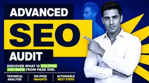 [Format]
Landscape 16:9 gig cover, bold photo composite on a saturated blue field with angular yellow shapes and stacked colour plates. Graphic, editorial, no watermark, no personal names.

[Layout]
The left half is built from three stacked rectangular plates that step across each other: a dark navy plate at the top, an oversized bright yellow plate in the middle protruding furthest right, and a second dark navy plate below, inset back to the left. Under the plate stack sits a two-line supporting sentence at the same left margin, then a thin rule, then a three-column footer strip divided by short vertical rules. The person is a cut-out on the right, cropped by the right and bottom edges from the hip upward, overlapping the yellow plate and rising above the stack. The background is a deep blue gradient with large flat yellow polygons fanning out behind his shoulders and a faint blurred blue silhouette far behind.

[Subject]
A man in his early thirties with short dark styled hair and a clean-shaven olive complexion, wearing a white button-up shirt with the collar open, no jacket. Framed from the hip up, body angled toward the viewer, arms folded across the chest with one index finger lifted, pointing to his left toward the headline. A confident, slightly amused look straight at camera. The cut-out is desaturated and cool-toned, while the white shirt stays the brightest object.

[Headline]
Inside the top navy plate, “ADVANCED” in bold white caps, letterspaced. Inside the big yellow plate, “SEO” in huge ultra-heavy navy caps with a navy circle abutting the O containing a white arrow-like mark — a generic compass or speed glyph. Inside the bottom navy plate, “AUDIT” in heavy white caps. Below, two flush-left lines in heavy white sans: “DISCOVER WHAT IS HOLDING” and “YOU BACK FROM PAGE ONE.”, with “HOLDING” and “YOU BACK” on small bright green highlight blocks. Along the bottom, three flush-left columns of two-line white and yellow caps text separated by thin vertical rules.

[Badges]
No rating seals or platform logos. The only mark-like element is the small navy circle with a white glyph inside the yellow plate, treated as decoration.

[Mood]
Deep blue with two navy plates and one big yellow plate, plus green highlight blocks in the sentence. Bold and consultative; at thumbnail size the yellow SEO plate is the single strongest shape.