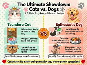 This infographic is titled "The Ultimate Showdown: Cats vs. Dogs" and adopts a Japanese-style ultra-cute illustration aesthetic with strong color contrast. The overall layout is a symmetrical two-column comparative structure, with a background of off-white featuring a delicate watercolor paper texture. The image uses color for strong visual zoning: the left half is overlaid with a light mint-green translucent polka-dot pattern, while the right half is overlaid with a warm coral-pink diagonal stripe pattern. The aspect ratio is 16:9.

At the top center of the image, the main title "The Ultimate Showdown: Cats vs. Dogs" is written in extra-large bold rounded sans-serif font. Below the main title, a subtitle in slightly smaller dark gray Heiti font reads "A Guide to Furry Personalities and Lifestyles." On either side of the subtitle are a cat paw print with pink toe beans and a dog paw print with gray claws.

Running vertically down the exact center of the image is a bright yellow dashed centerline, perfectly dividing the canvas into left and right halves. At the very center of this line sits a bright orange circular badge with burst-star edges, inside which the exaggerated bold monospaced English letters "VS" are displayed.

The left side is the exclusive zone for cats. At the top is a beautiful illustration of a chubby British Shorthair with big eyes and rosy cheeks, wearing a small crown on its head. Below the illustration, the bold dark green text reads "Tsundere Cat." Extending downward are three vertically arranged information modules. In the first module, an orange cat is illustrated curled up asleep on the top shelf of a tall wooden bookshelf, with text beside it reading "Independent: Needs 16 hours of sleep daily." In the second module, a light blue ceramic bowl with a small fish-bone pattern is illustrated, filled with fresh sashimi and chicken pieces, with text to the right reading "Obligate Carnivore: Needs high protein." In the third module, a half-open brown cardboard box is shown, with a pair of glowing cat eyes peeking through the gap, with text beside it reading "Secret Observer: Likes small, hidden spaces." At the very bottom of the left side, a bordered prompt box contains italic Heiti text reading "Expert Tip: Give your cat plenty of private space."

The right side is the exclusive zone for dogs. At the top is a lively illustration of a golden retriever with its tongue out and ears flying, wearing a red polka-dot collar. Below the illustration, the bold dark red text reads "Enthusiastic Dog." Extending downward are three vertically arranged information modules, perfectly horizontally aligned with those on the left. In the first module, a border collie is illustrated with its front paws in the air, holding a green frisbee in its mouth, with text beside it reading "Social Butterfly: Needs outdoor interaction and running." In the second module, a stainless steel pet bowl is shown, containing a mix of bone-shaped biscuits, carrot pieces, and meat kibble, with text to the left reading "Omnivore: Balanced nutrition is most important." In the third module, a small poodle is illustrated standing on its hind legs, hugging a human thigh with both paws, with text beside it reading "Always Wants Hugs: Extremely dependent on owner's company." At the very bottom of the right side, a symmetrically matching prompt box contains italic Heiti text reading "Expert Tip: Ensure adequate daily outdoor exercise."

At the very bottom of the image, spanning across both left and right areas, is a wide light-yellow banner. Inside the banner, striking bold dark navy text reads "Conclusion: No matter their personality, they are our perfect companions!" At each end of the banner is a beating red heart icon. The entire image has a very high information density, with clearly layered typography, strong and approachable color contrast, and all elements clearly visible without overlap.
