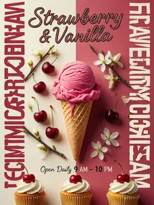 American retro-style ice cream advertising poster, with a left-right split color-blocking design (off-white + rose red). At the center is a high-saturation ice cream, surrounded by scattered cherries, vanilla branches, and small white flowers. On both the left and right sides are repeated vertical/horizontal bold artistic lettering. At the bottom are three mini cupcakes decorated with red cherries. The text includes the handwritten-style "Strawberry & Vanilla" and the business hours "Open Daily 9 AM - 10 PM." Warm soft lighting, high-definition product photography, sweet and lively, suitable for dessert shop promotions.