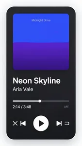 A straight-on, flat app screenshot of a music streaming app, no tilt, no 3D perspective. A large square album-cover image at top, with the album title "Midnight Drive" in small text above the track. Beneath the cover: the song title "Neon Skyline" in bold and the artist name "Aria Vale" in smaller text below it. A progress scrubber showing the track partway through with the time "2:14 / 3:48", a play/pause button, and previous/next controls beneath. A dark theme with a vibrant accent color (electric blue / violet), crisp typography, polished UI.