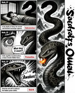 The infographic is titled "Serpent's Omen," written vertically along the right-hand side in a bold, brush-stroke style font with ink splatter effects. The overall layout is structured as a three-panel comic strip arranged in a grid format, with two panels stacked vertically on the left and one large panel occupying the entire right column. The visual style is monochromatic, employing high-contrast black-and-white linework reminiscent of manga or graphic novels, with heavy use of hatching, cross-hatching, and stippling for shading and texture.

The infographic is divided into three distinct nodes, each representing a stage in the symbolic journey of encountering a serpent in the subconscious:

**Node_01 (Top Left Panel):**
- **Visual Content:** A young man with dark hair sleeps peacefully on a futon in a traditional Japanese-style room with tatami flooring and shoji screens. Above him, a large, shadowy snake descends from the upper right corner, its body coiled and head poised near his face. The snake is rendered in solid black with minimal detail, emphasizing its ominous presence.
- **Textual Content:**
- Label: "Node_01" in white text within a black rectangle at the top-left corner.
- Caption below the panel: "In the depths of sleep, the ancient cold-blooded messenger appears."
- Keyword label: "Subconscious" in red text within a white box at the bottom-right corner of the panel.

**Node_02 (Middle Left Panel):**
- **Visual Content:** A close-up of the young man’s wide-open eye, showing intense fear and shock. The iris contains a spiral pattern resembling a serpent’s head. A single tear falls from the eye. To the right, a detailed, realistic serpent with textured scales and a flickering tongue looms close to the eye. The background is stark white with dynamic speed lines radiating outward.
- **Textual Content:**
- Label: "Node_02" in white text within a black rectangle at the top-left corner.
- Speech bubble: "What does it mean?!" in bold, black text.
- Caption below the panel: "A bite signifies transformation; a chase reveals hidden fears..." followed by the keyword "Premonition" in red text within a white box.

**Node_03 (Bottom Left Panel):**
- **Visual Content:** An extreme close-up of a serpent’s head, mouth agape, revealing sharp fangs and a forked tongue. The snake roars with the word "Awaken!" emanating from its mouth in a jagged speech bubble. Dynamic lines and explosive motion effects surround the head, conveying power and urgency.
- **Textual Content:**
- Label: "Node_03" in white text within a black rectangle at the top-right corner of the panel.
- Speech bubble: "Awaken!" in bold, black text.
- Caption below the panel: "Shed the old self to embrace the hidden power within." followed by the keyword "Rebirth" in red text within a white box.

**Right Column Panel (Spanning All Three Nodes):**
- **Visual Content:** A continuous, highly detailed illustration of a massive serpent coiled across the vertical space. The snake has intricate geometric patterns on its scales, reminiscent of ancient or mystical designs. Its body winds through clouds and mist, with mountain peaks visible in the background. One of its heads breathes fire, with small orange flames depicted against the grayscale scene. The serpent’s eyes are alert and intelligent, and its posture suggests both wisdom and power. This panel serves as a visual anchor, illustrating the evolution and significance of the serpent throughout the narrative.
- **Textual Content:** None directly within this panel, but it visually complements the textual themes of the left-side panels.

**Overall Structure and Symbolism:**
The infographic presents a narrative arc of personal transformation, using the serpent as a recurring symbol. The progression moves from passive encounter (Subconscious) to active realization (Premonition) to ultimate awakening (Rebirth). The consistent use of red keywords ("Subconscious", "Premonition", "Rebirth") highlights the thematic phases. The artwork combines realism in the serpent’s anatomy with stylized manga elements in the character’s expressions and action effects, creating a visually engaging and symbolic experience.

All textual content is presented in English, which constitutes the majority of the visible text. The design effectively uses visual storytelling techniques common in comics to convey psychological and spiritual concepts.