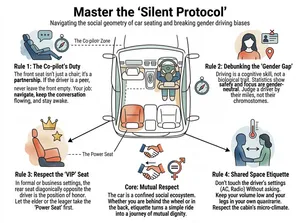 The infographic titled "Master the ‘Silent Protocol’" with the subtitle "Navigating the social geometry of car seating and breaking gender driving biases" presents a stylized, illustrative guide to automotive social etiquette. The design features a central, minimalist line drawing of a car's interior, viewed from above, with a driver at the wheel and a co-pilot seat beside them. This central image is surrounded by four distinct rule sections, each illustrated with thematic icons and watercolor-style background washes in muted blues, beiges, and pinks. Arrows connect these sections to their corresponding seats or areas within the car diagram, emphasizing spatial relationships.

At the core of the infographic, below the car illustration, is the section titled "Core: Mutual Respect," which states: "The car is a confined social ecosystem. Whether you are behind the wheel or in the back, etiquette turns a simple ride into a journey of mutual dignity." This section includes a handshake icon between two hands (one blue, one orange) and a gender equality symbol (a circle with an equal sign and male/female symbols), reinforcing the theme of inclusivity and respect.

The four rules are arranged around the central car image:

- **Rule 1: The Co-pilot’s Duty** (located top-left, linked to the front passenger seat via a dashed line labeled "The Co-pilot Zone"). Text: "The front seat isn’t just a chair; it’s a partnership. If the driver is a peer, never leave the front empty. Your job: navigate, keep the conversation flowing, and stay awake." Visuals include a reclined front seat, speech bubble, and two compasses.

- **Rule 2: Debunking the “Gender Gap”** (top-right, linked to the driver’s seat). Text: "Driving is a cognitive skill, not a biological trait. Statistics show safety and focus are gender-neutral. Judge a driver by their miles, not their chromosomes." Visuals include a female silhouette, ID badge with a crossed-out gender icon, and a location pin.

- **Rule 3: Respect the ‘VIP’ Seat** (bottom-left, linked to the rear passenger seat diagonally opposite the driver, labeled "The Power Seat"). Text: "In formal or business settings, the rear seat diagonally opposite the driver is the position of honor. Let the elder or the leader take the ‘Power Seat’ first." Visuals include a crown, star, and a highlighted rear seat.

- **Rule 4: Shared Space Etiquette** (bottom-right, linked to the rear passenger area). Text: "Don’t touch the driver’s settings (AC, Radio) without asking. Keep your volume low and your legs in your own quadrant. Respect the cabin’s micro-climate." Visuals include two silhouettes facing each other, a thermometer, and arrows indicating personal space.

The overall style is clean and modern, using flat illustrations, soft watercolor textures, and a limited color palette to create a calm, approachable tone. The layout is symmetrical and radial, with the central car acting as the focal point, radiating out to the four rules. All text is presented in a clear, sans-serif font, ensuring readability. The infographic uses visual metaphors—such as the "Power Seat" and "Co-pilot Zone"—to encode social roles and responsibilities within the car environment. There are no numerical data points or statistical charts; instead, the content is purely conceptual and instructional, focused on behavioral norms and social dynamics.
