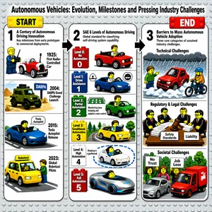 The infographic titled "Autonomous Vehicles: Evolution, Milestones and Pressing Industry Challenges" presents a comprehensive visual narrative of the development and current state of self-driving technology. The design is structured as a horizontal flowchart with three main sequential sections, labeled 1, 2, and 3, connected by directional arrows. The entire layout is set against a light gray background resembling LEGO baseplates, with circular studs visible throughout, reinforcing the playful, block-style aesthetic used for all illustrations. The color scheme employs bright, contrasting colors—red, blue, green, yellow, white—to differentiate content blocks and enhance readability.

Each section is enclosed in a white rectangular box with rounded corners and a thin black border. Section 1, marked with a yellow “START” banner at the top left, is titled “A Century of Autonomous Driving Innovation” and subtitled “Key milestones from early prototypes to commercial deployments.” It features four chronological milestones illustrated with LEGO-style characters and vehicles:

- **1925: First Radio-Controlled Car** — A man in a blue suit holds a remote control next to a red vintage car with a white roof.
- **2004: DARPA Grand Challenge Launch** — A green military-style vehicle drives on a desert road near a blue sign reading “DARPA.”
- **2015: Tesla Autopilot Release** — A blue Tesla Model S drives on a highway with a driver holding a tablet; a speech bubble says “Tesla Autopilot.”
- **2023: Global Robotaxi Pilots** — A yellow taxi with “Robotaxi” signage picks up a passenger in an urban setting.

Section 2, positioned centrally, is titled “SAE 6 Levels of Autonomous Driving” and subtitled “Global standard for classifying self-driving system capability.” This section visually represents the six levels using colored LEGO bricks (each brick has the level number printed on it) paired with corresponding vehicle illustrations and descriptions:

- **Level 0: No Automation** — Red brick with “0 0”; a red convertible with a driver actively steering.
- **Level 1: Driver Assistance** — Blue brick with “1”; a blue car with a driver and icons indicating speed adjustment and lane monitoring.
- **Level 2: Partial Automation** — Green brick with “2”; a green car with a driver, and text notes “Monitoring lane keeping and adaptive cruise control.”
- **Level 3: Conditional Automation** — Yellow brick with “3”; a yellow car with a driver reading a book while driving on a road lined with trees.
- **Level 4: High Automation** — White brick with “4”; a white car with a driver sleeping, surrounded by a dashed blue circle indicating a geofenced area; text reads “Sleeping in a geofenced.”
- **Level 5: Full Automation** — Red brick with “5”; a futuristic silver and blue car with a relaxed driver, no steering wheel visible.

Section 3, marked with a red “END” banner at the top right, is titled “Barriers to Mass Autonomous Vehicle Adoption” and subtitled “Three core categories of unsolved industry challenges.” It breaks down the obstacles into three subcategories, each with a distinct illustration:

- **Technical Challenges** — Depicts a red car stuck in snow during rain, with a confused pedestrian and a cyclist nearby, symbolizing difficulties in adverse weather conditions.
- **Regulatory & Legal Challenges** — Shows four LEGO figures in business suits around a table with stacks of papers; signs read “Safety Standards” and “Liability,” and a gavel rests on the table.
- **Societal Challenges** — Illustrates three people holding protest signs that say “No Trust” and “Job Loss,” standing beside a silver car and a red delivery truck.

The overall style is cartoonish and educational, using LEGO-like characters and vehicles to make complex technical concepts accessible. Text is presented in clear, sans-serif fonts, with titles in bold black and subtitles in regular weight. All textual content is in English, and the infographic effectively combines timeline progression, classification systems, and thematic challenges to provide a holistic view of autonomous vehicle development.